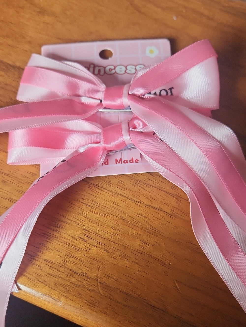 2 Princess Pink & White Striped Ribbon Hair Bows